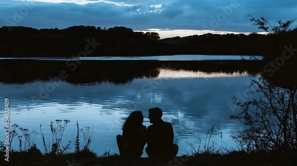 Fototapeta A couple sitting by a lake at dusk, their reflections shimmering on the water, a feeling of calm and togetherness