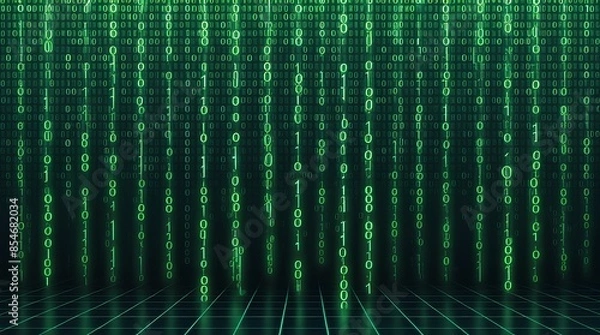 Fototapeta Digital Matrix ,The essence of digital technology, where a cascade of ones and zeros descends like a digital rain within a sleek, dark grid illuminated by the vibrant green glow of binary code