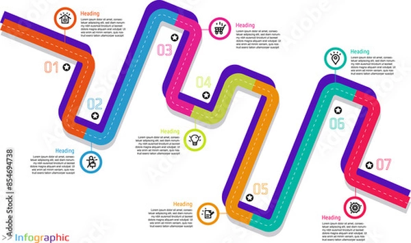 Fototapeta Infographic timeline for business template. Presentation concept with infographic timeline steps in colorful road or street. 