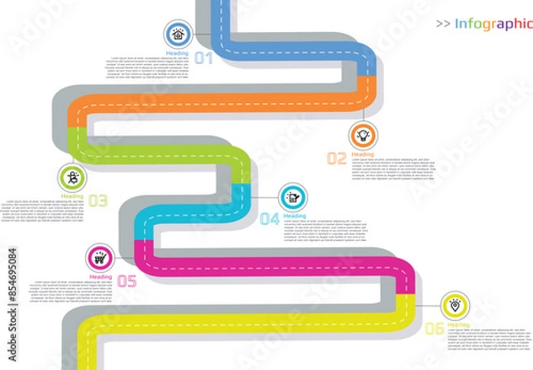Fototapeta Infographic timeline for business template. Presentation concept with infographic timeline steps in colorful road or street. 