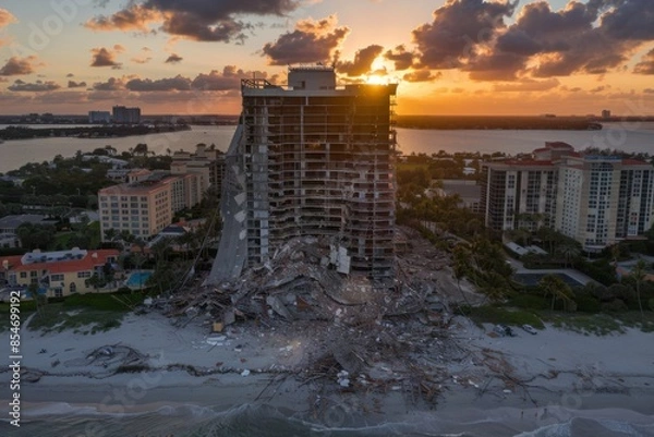 Fototapeta A high-rise building partially collapsed on a beachfront at sunset, with debris scattered. Nearby buildings and the ocean are visible.
