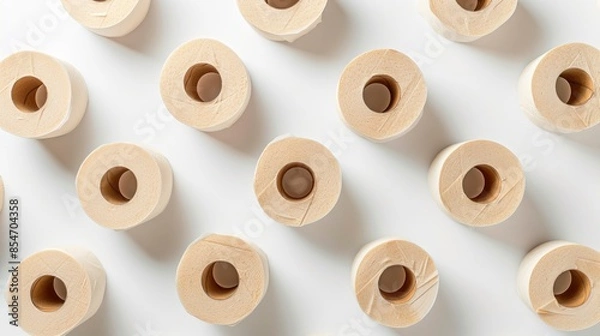 Fototapeta Toilet paper rolls arranged on a white background
