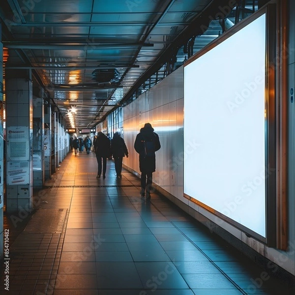 Fototapeta City subway corridor with people walking, illuminated by artificial light, featuring a blank billboard for advertising.