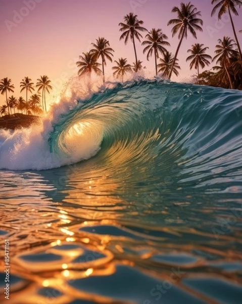 Fototapeta A stunning photograph capturing the inside of a wave at sunset, with the water reflecting vibrant orange and pink hues, while palm trees and a surfer silhouette adorn the background.