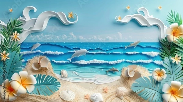 Fototapeta Vibrant and dimensional paper art depicting a tropical beach scene with playful dolphins swimming near the shore set against a clear blue sky and lush palm leaves