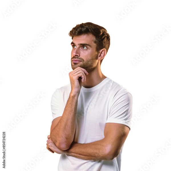 Fototapeta Thinking, man thinking, deciding something on isolated, transparent, PNG background. Why, questions, and male person with doubt emoji for choice, considering, or confused about problem solving.