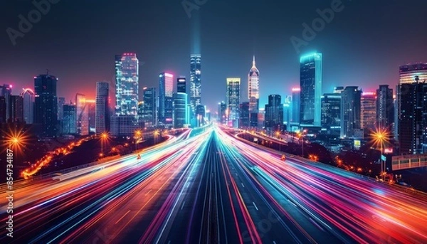 Obraz Futuristic Cityscape With Neon Lights and Streaks of Light