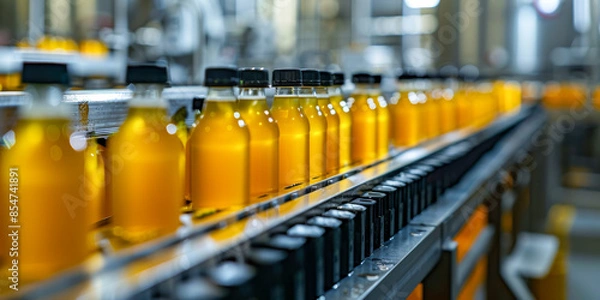 Fototapeta A conveyor belt with many bottles of orange juice on it