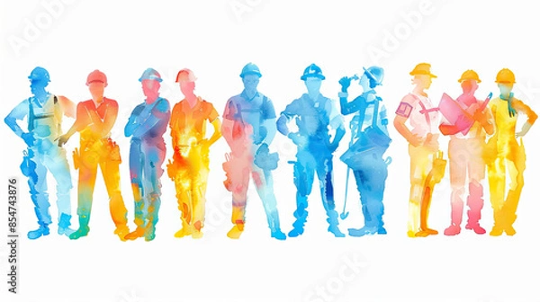 Fototapeta Watercolor Abstract Group of Workers in Different Occupations, on White