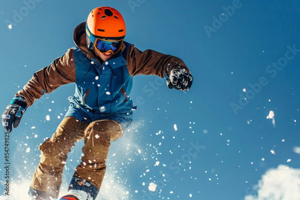 Fototapeta a snowboarder rides on the track in winter with a helmet, thinking about his safety