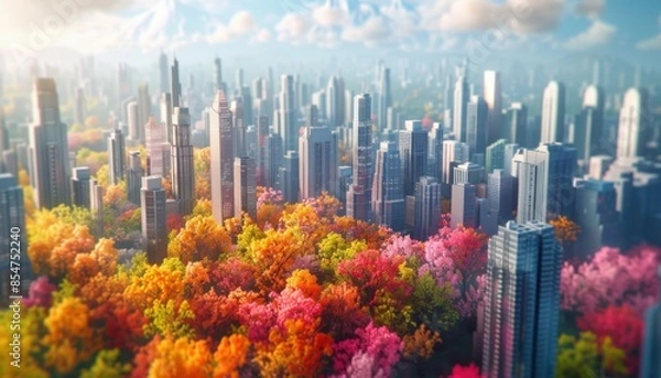 Fototapeta A vibrant cityscape with colorful autumn trees and tall skyscrapers captured from a tilted angle.