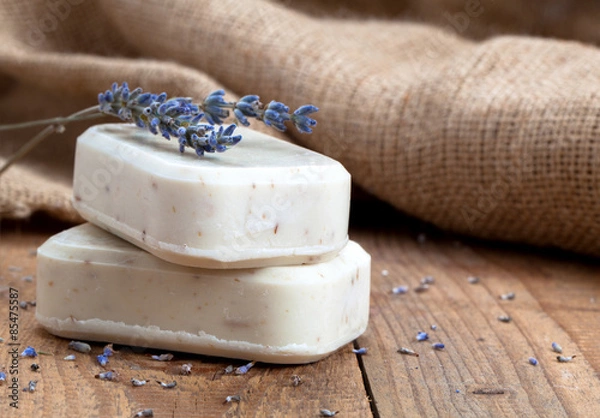 Obraz lavender handmade soap bars, on wooden background