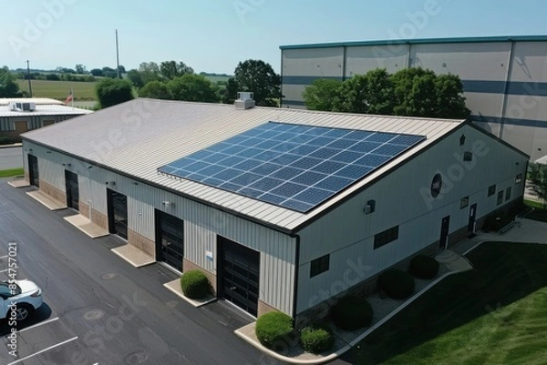 Fototapeta Aerial view of a modern industrial building equipped with solar panels on the roof, highlighting renewable energy use and sustainable practices.