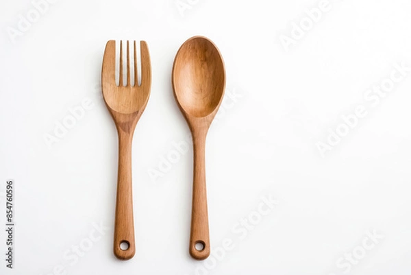 Fototapeta Wooden spoon and fork on white background