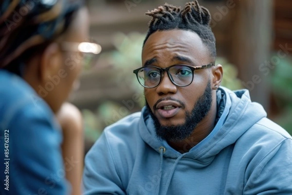 Fototapeta Young man wearing glasses and a hoodie having a serious conversation with a woman outdoors. The setting suggests a personal or thoughtful discussion.
