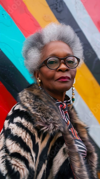 Fototapeta Fashionable African American Grandmother in stylish clothes and glasses against the background of a wall with graffiti. Concept of age and trends. Vertical Banner