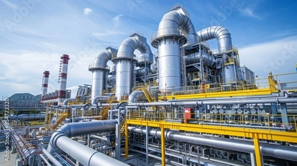Fototapeta A wide shot of a large industrial plant with multiple tall towers and an extensive network of pipes. The plant is made of steel and is surrounded by a blue sky.