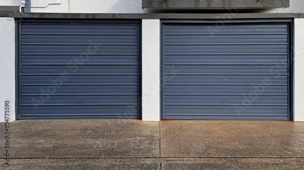 Fototapeta two grey color metal garage doors with horizontal lines against white building with concrete driveway