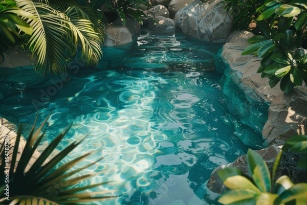 Fototapeta Discover a tranquil crystal clear pool hidden amidst a vibrant tapestry of lush green foliage.
