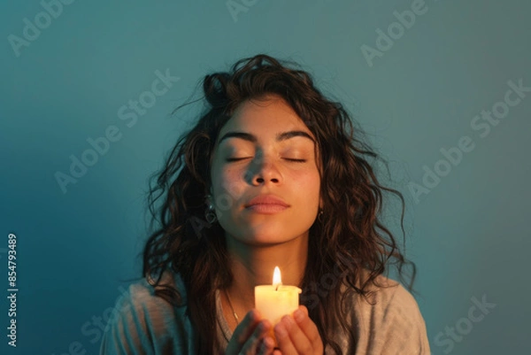 Fototapeta a young Hispanic woman praying with a candle: She sits with a lit candle in front of her, eyes closed in contemplation on a blue studio backdrop