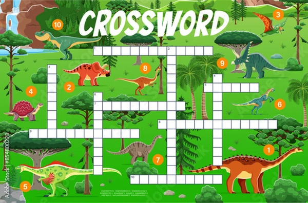 Fototapeta Crossword quiz game grid with cartoon dinosaurs and funny dino, vector worksheet. Kids crossword game to guess words of dinosaurs in Jurassic park jungles with lizard Aegyptosaurus, Tapejara or Raptor