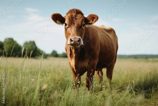 Fototapeta View from side body of a family Simmental Cow standing on grass, Awe-inspiring, Full body shot ::2 Side Angle View