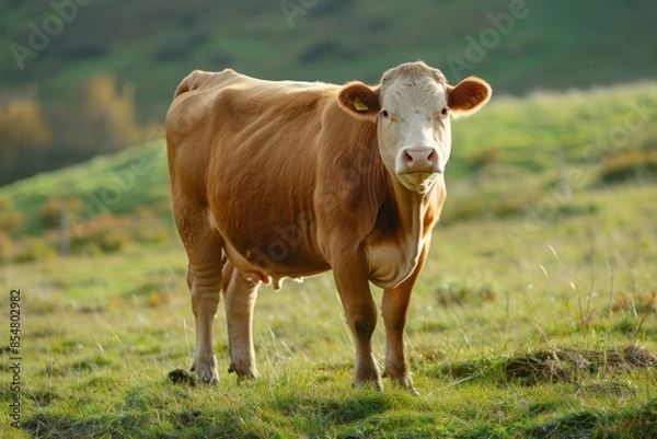 Fototapeta View from side body of a Limousin Cow standing on grass, Awe-inspiring, Full body shot ::2 Side Angle View