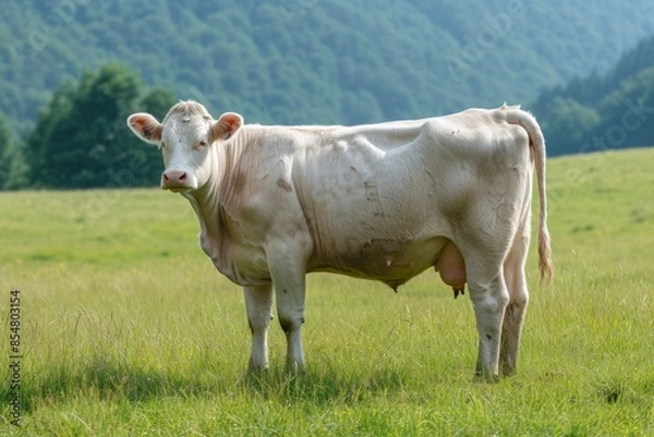 Obraz View from side body of a three Charolais Cow standing on grass, Awe-inspiring, Full body shot ::2 Side Angle View