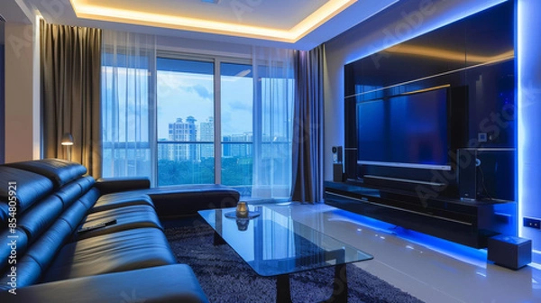 Fototapeta Luxurious modern living room with a high-tech feel. Black leather sofa, large smart TV, and glass coffee table. LED lighting, sleek decor, and floor-to-ceiling windows.