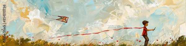 Fototapeta A boy is flying a red, white, and blue kite in a field. The kite is high in the sky and the boy is looking up at it