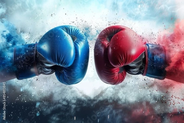 Fototapeta Two Boxing Gloves Clashing - Copy Space for Fight Night Poster, Intense Boxing Moment