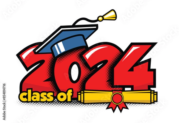 Obraz 2024 class graduate header. Decorate congratulation for school graduates in comic cartoon style. Vector on transparent background