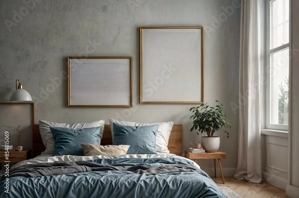 Fototapeta mockup, two empty metal frames in the headboard of a modern bedroom