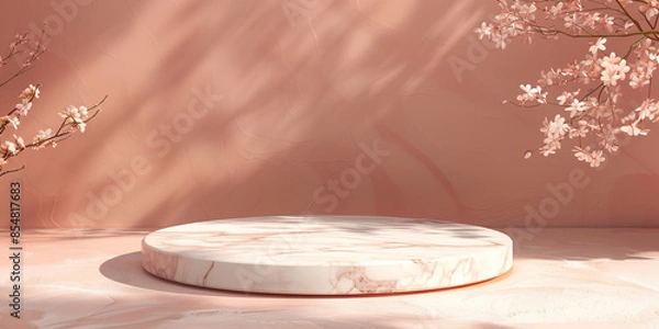 Fototapeta Polished marble product display podium on a soft peach background: Elegant and luxurious, ideal for high-end cosmetics or fine jewelry, the marble podium and peach background create a sophisticated