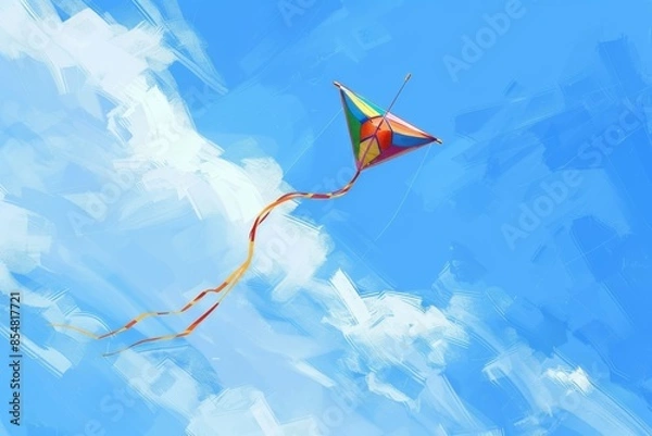 Fototapeta A colorful kite dances in the wind, capturing the carefree joy of a summer afternoon. The illustration is a vibrant representation of freedom and happiness.