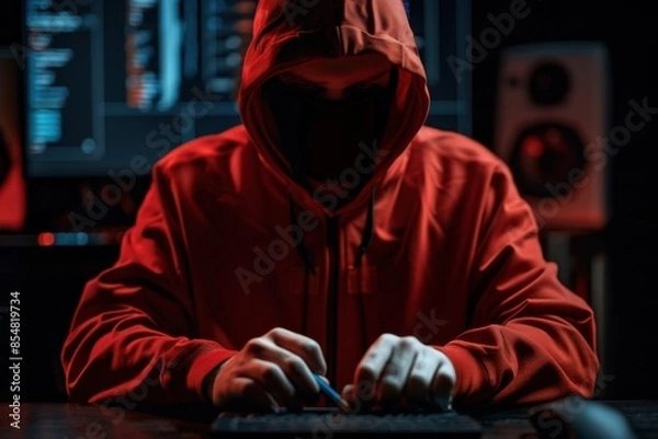 Obraz A mysterious hacker in a red hoodie and mask, working on a computer in a dark room. Concept of cybersecurity and cybercrime.