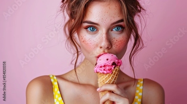 Obraz Model posing with Ice Cream: Brunette woman in a yellow polka dot dress, holding her ice cream cone playfully to her lips, with a clean, isolated light pink background.