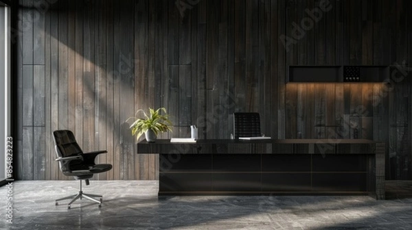 Fototapeta a modern home office with a black wall, wooden paneling, and minimalistic desk and chair design, complemented by a plant on a sideboard.