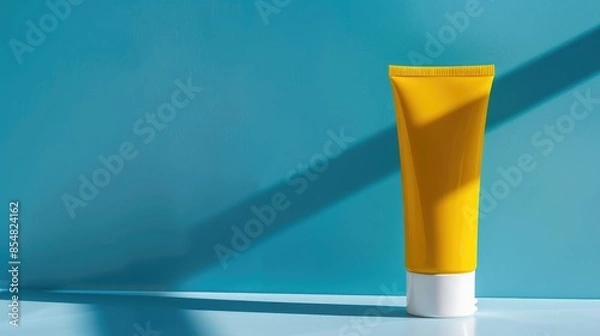 Fototapeta Sunscreen lotion tube template on white surface with blue background and yellow label Copy space