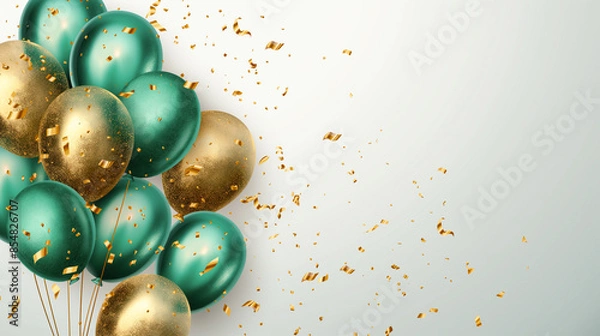 Fototapeta Gold and emerald  green balloons with confetti and ribbons on a light background, festive celebration concept with copy space
