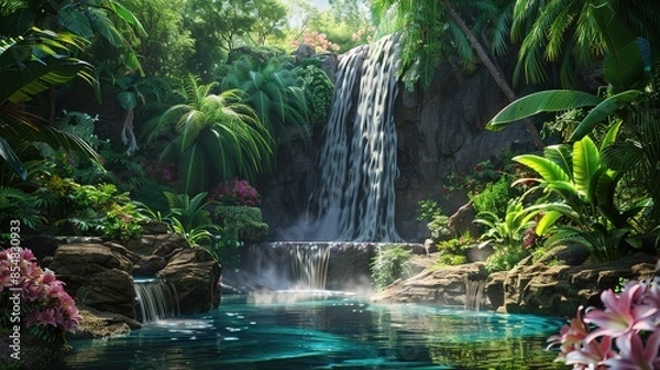 Fototapeta A beautiful waterfall in a lush green jungle The water is crystal clear and the sun is shining brightly creating a magical atmosphere