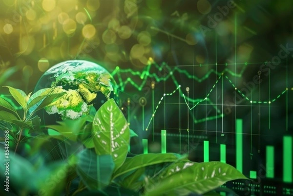 Fototapeta Eco-friendly concept with global sustainability, green economy graphs and lush plants indicating environmental growth and data analytics.