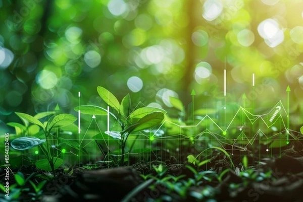 Obraz Young plant sprouts in lush greenery with data analytics overlay, symbolizing sustainable growth and environmental technology.
