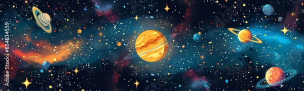 Fototapeta Vibrant illustration of outer space with colorful planets, stars, and galaxies, showcasing the wonders of the universe.