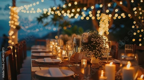 Fototapeta A table set for a wedding reception with a chandelier and candles