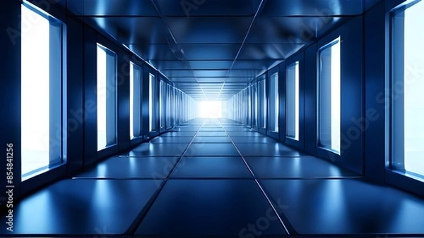 Fototapeta futuristic long empty light corridor in cyan colors with sleek modern design
