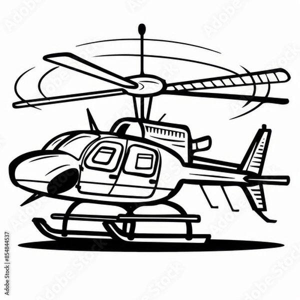 Fototapeta Black and white illustration of a helicopter with rotating blades, captured in detailed line art style.