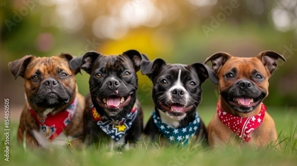 Fototapeta A group of four happy dogs wearing colorful bandanas, sitting on grass and smiling, with a blurred background of nature.
