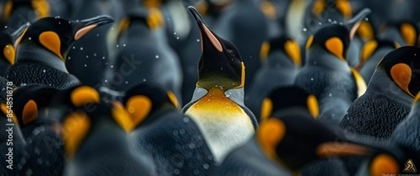 Fototapeta A group of king penguins standing together in their natural cold habitat, with one penguin in focus among the flock.
