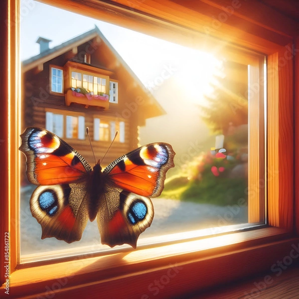 Fototapeta A beautiful butterfly sits on top of the glass looking at the beautiful wooden house.